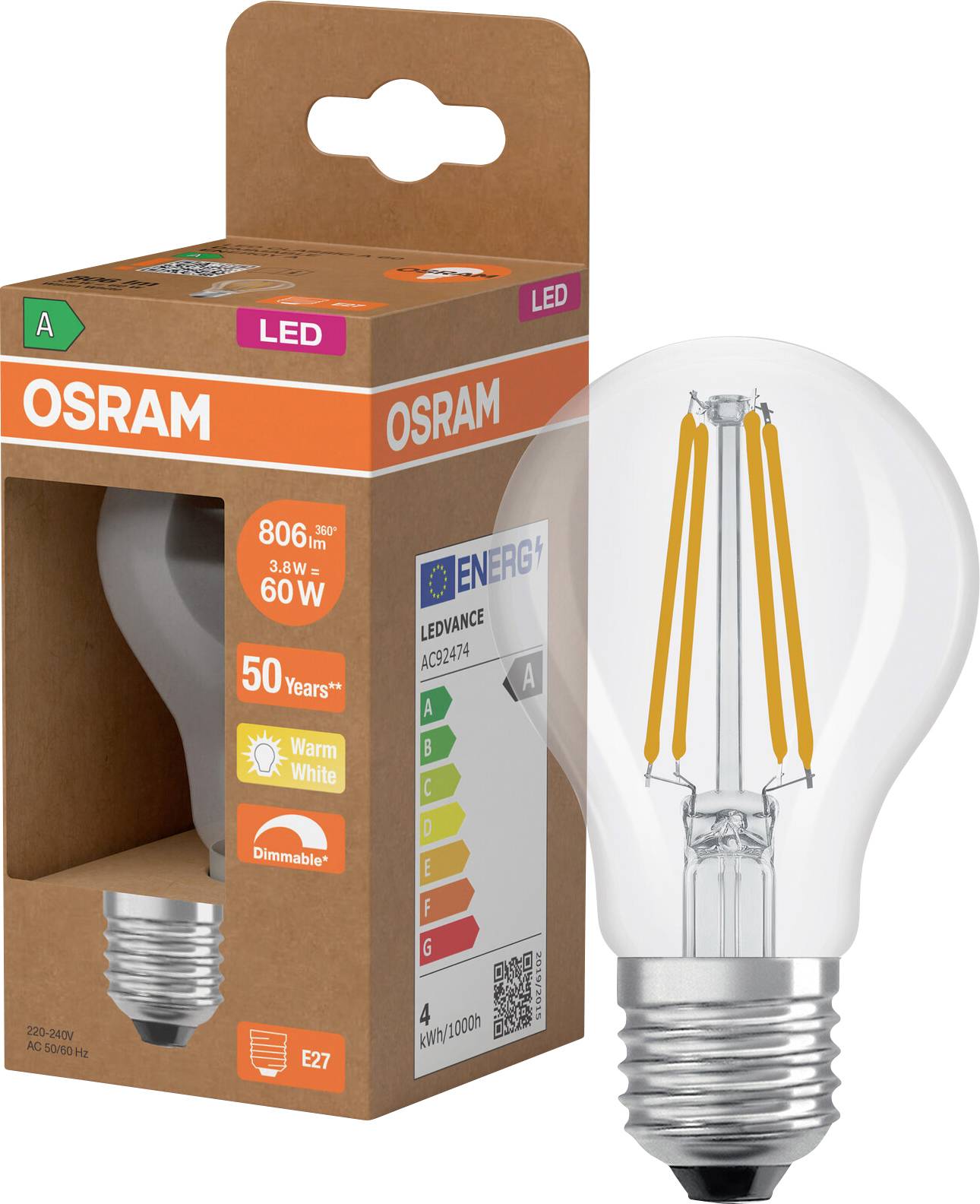 OSRAM LED-gloeilamp in oranje winkelverpakling, met een E27-dimbare gloeilamp met warm wit licht, 806 lumen en 60W equivalent.