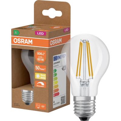 OSRAM LED-gloeilamp in oranje winkelverpakling, met een E27-dimbare gloeilamp met warm wit licht, 806 lumen en 60W equivalent.