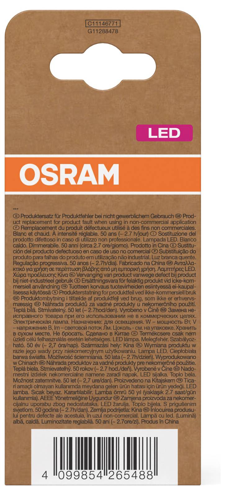 OSRAM LED-lamp verpakking in bruin en oranje retailverpakking met een barcode onderaan.