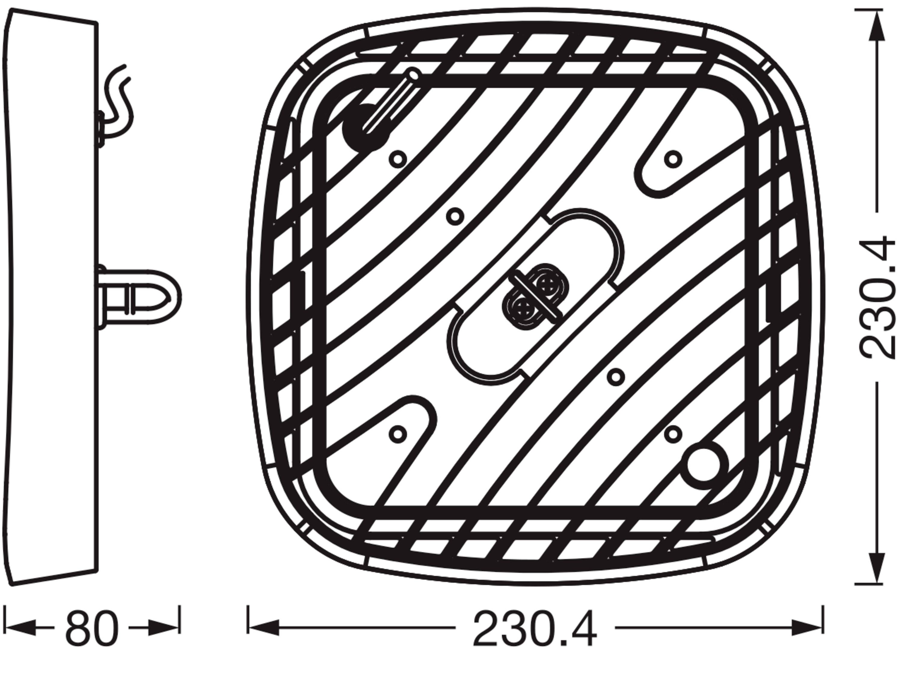 Technische tekening van een kubisch object met afmetingen: 230,4 x 230,4 x 80 mm. Zijaanzicht en bovenaanzicht weergegeven.