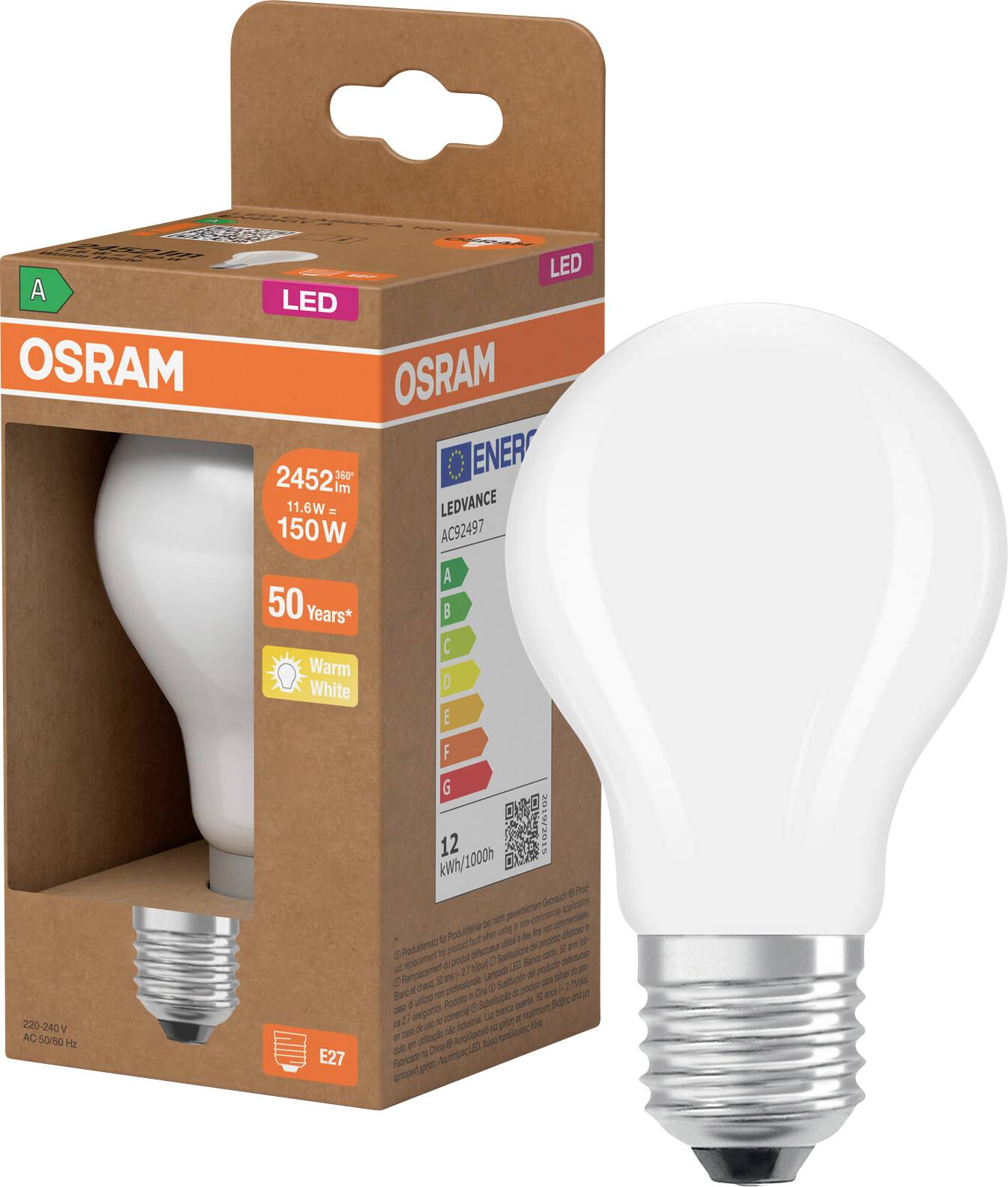 OSRAM LED-lamp in bruine verkoopverpakking, gelabeld als 150W equivalent, warm wit, E27-fitting.