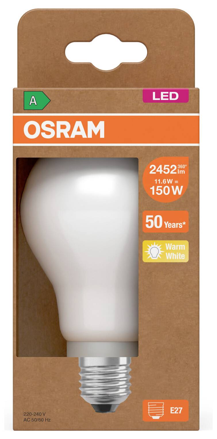 OSRAM LED-gloeilamp verpakking, met een warm witte 150W equivalent gloeilamp met E27-fitting en 2452 lm uitgang.