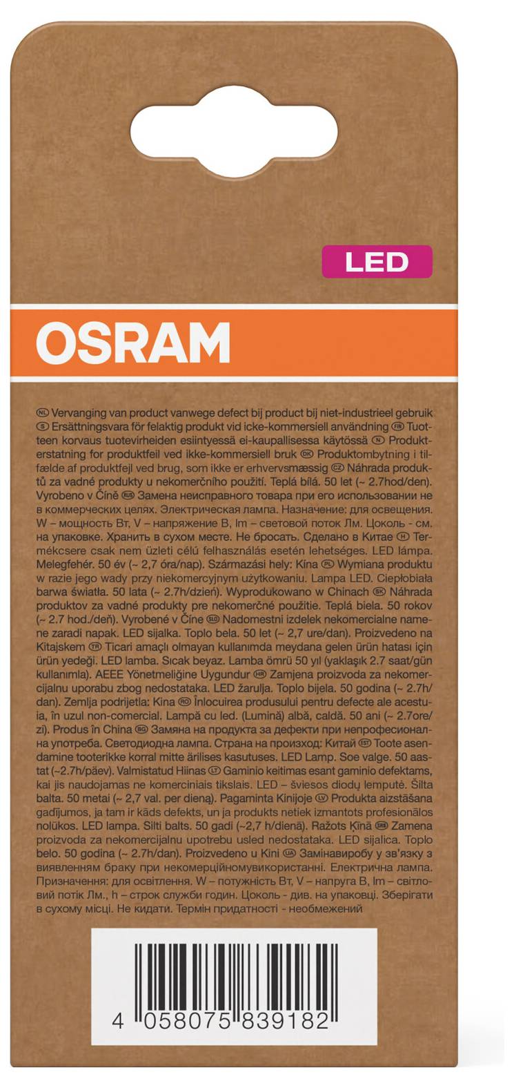 OSRAM LED-gloeilampverpakking met oranje branding, dichte producttext en een streepjescode aan de onderkant.