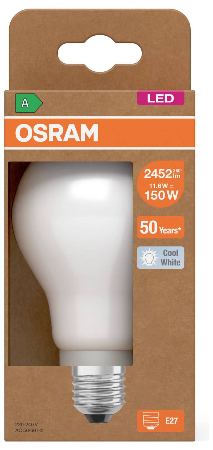 OSRAM LED-gloeilamp, Koelwit, E27-fitting, 11W, 150W equivalent, 2452 lm, 50 jaar levensduur, klasse A.