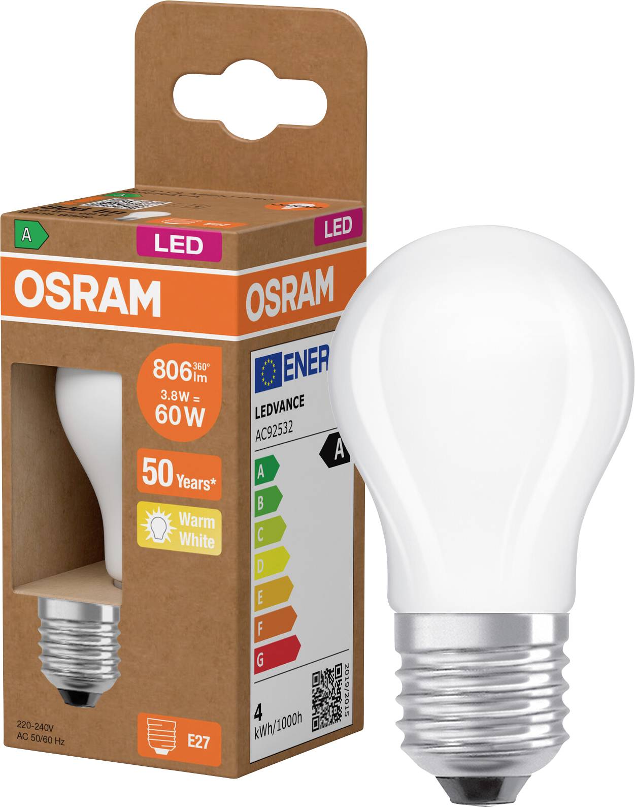 OSRAM LED-gloeilamp en retailverpakking, gelabeld 60W equivalent, 3,8W, 806 lm, warm wit, E27, energieklasse A.