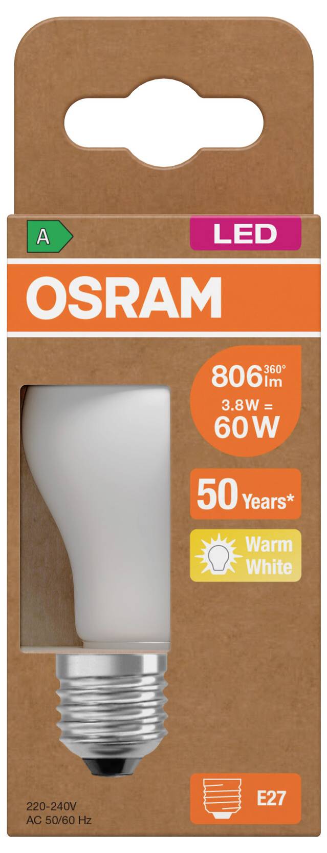 OSRAM LED-gloeilamp, 806 lm, 8,3W, equivalent aan 60W, warm wit, E27-fitting, levensduur van 50 jaar.