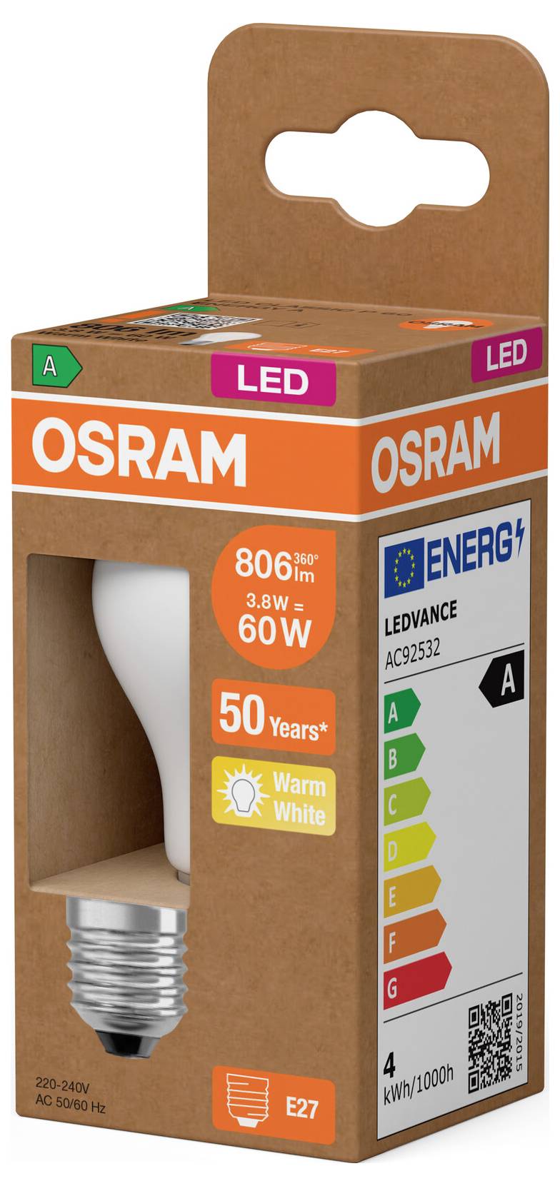 OSRAM LED-gloeilampverpakking, met een warm witte 3.8W gloeilamp equivalent aan 60W, E27-fitting, 806 lm, energieklasse A.