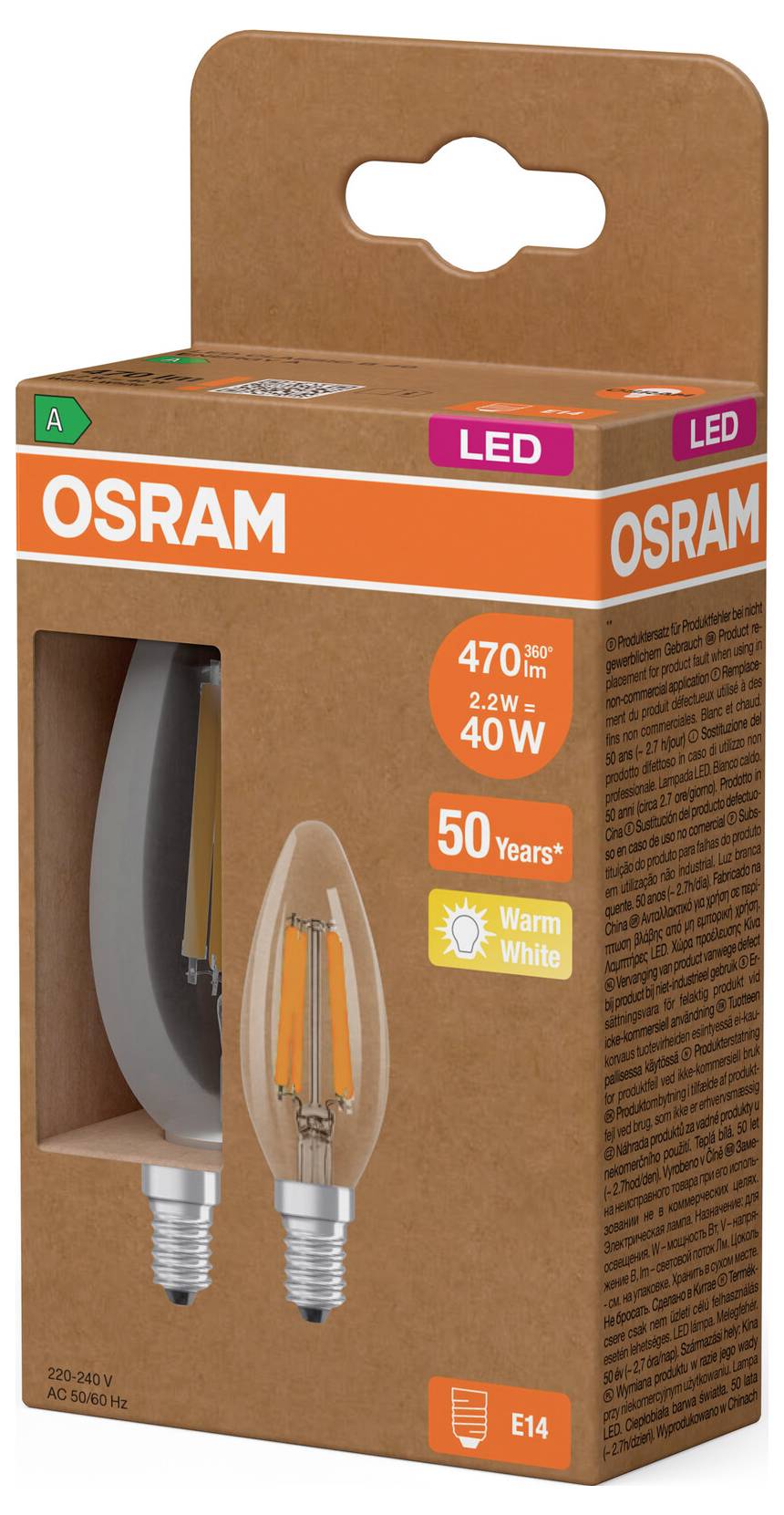 OSRAM LED-gloeilamp verpakking voor E14-fitting, warm wit, 2,2W equivalent van 40W, 470 lumen, beweerdelevensduur van 50 jaar.
