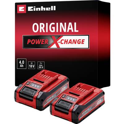 Vier rode accu's met zwarte behuizing, twee met de opdruk 'Power X-Change' en twee met 'Einhell PXC'. Ze liggen naast elkaar.