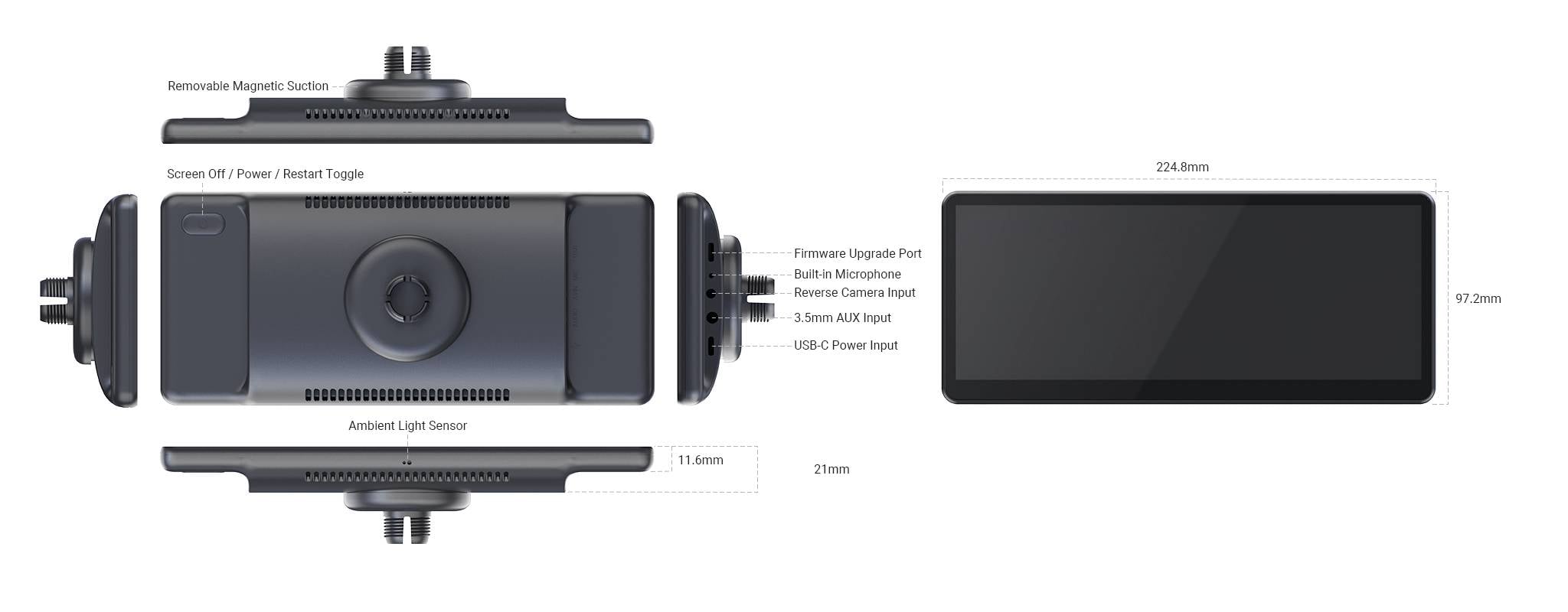 'Weergave van een camera met een afneembare magnetische sectie, sensor en aansluitingen. Afmetingen: 224,8 mm x 97,3 mm x 24,4 mm.'