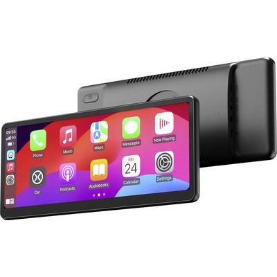 Een tablet met een kleurrijke startpagina, toont apps zoals Muziek, Kaarten, Podcasts en Instellingen. Achterkant zichtbaar.