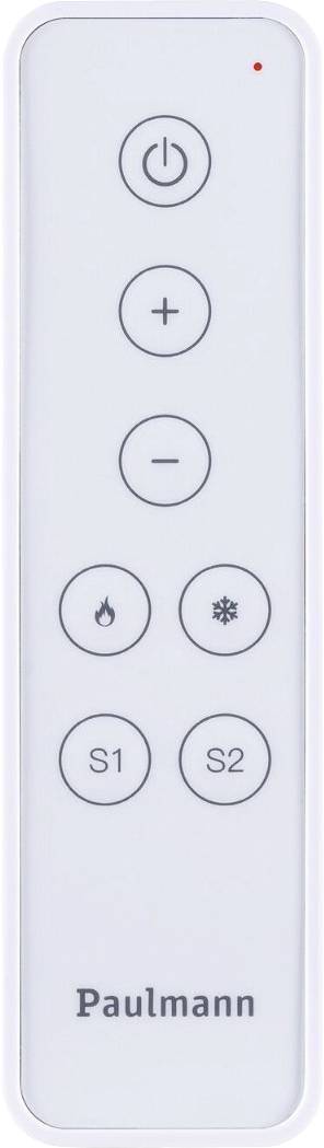 Witte afstandsbediening met zeven knoppen voor het bedienen van verlichting. Bovenaan: Aan/Uit, +, -, twee symbolen, S1, S2. Merknaam onderaan.