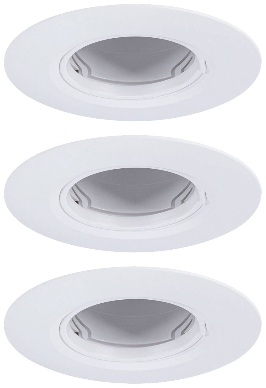 Drie witte, ronde plafondlampen in een verticale rij, elk met een verdiept midden en een gladde oppervlakte.