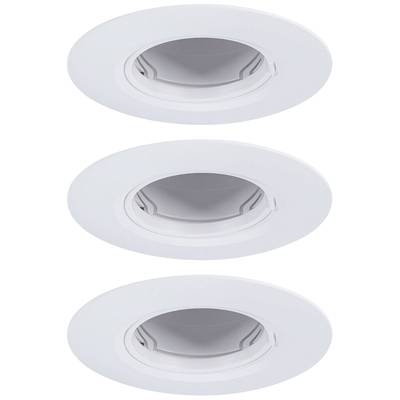 Drie witte, ronde plafondlampen in een verticale rij, elk met een verdiept midden en een gladde oppervlakte.