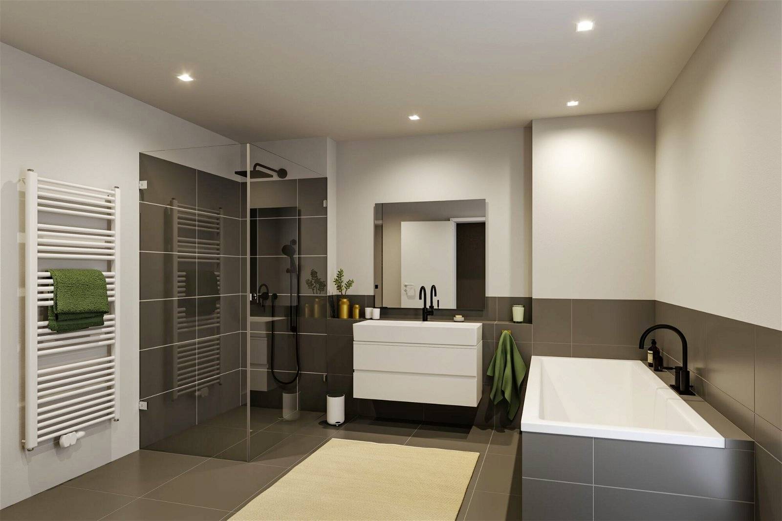 Modern badkamer met douche, bad, wastafel en spiegel. Neutrale kleuren en subtiele verlichting creëren een rustgevende sfeer.