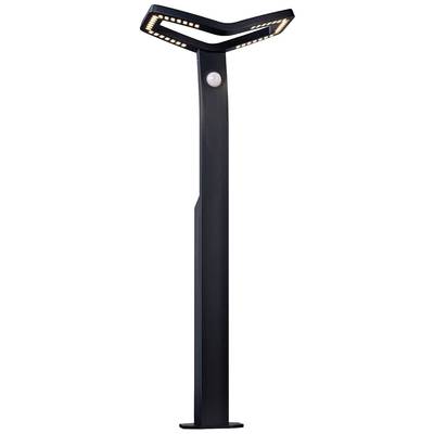 Een moderne zwarte staande lamp met diagonale lichtarmen bovenaan en een bewegingssensor in het midden van de lampvoet.
