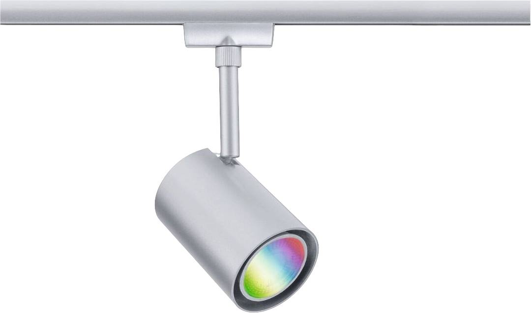 Een zilveren plafondlamp met een cilindervorming kop die naar beneden is gericht en een regenboogachtig licht uitstraalt.