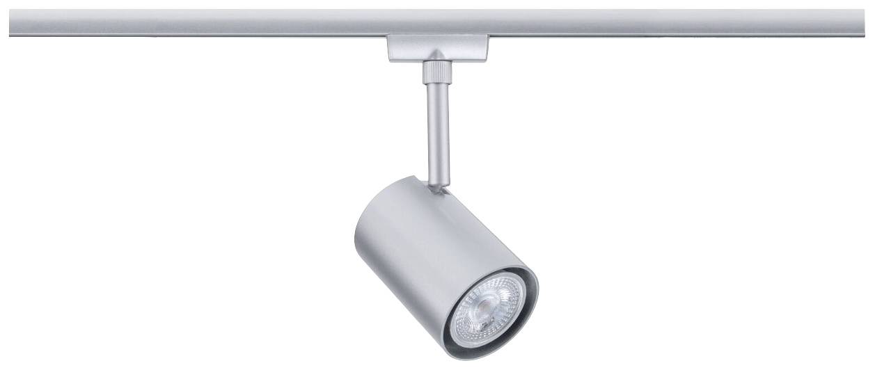 Zilveren plafondspotje op rail gemonteerd, modern en minimalistisch ontworpen, straalt naar beneden voor gerichte verlichting.