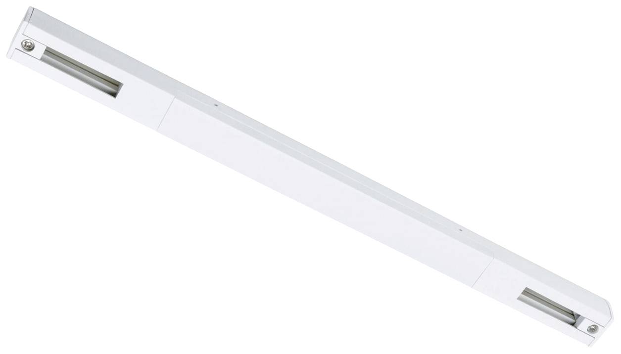 Een wit deursluitingssysteem in rechthoekige vorm, diagonaal gepositioneerd. Het toont twee eindstukken met metalen onderdelen voor bevestiging.