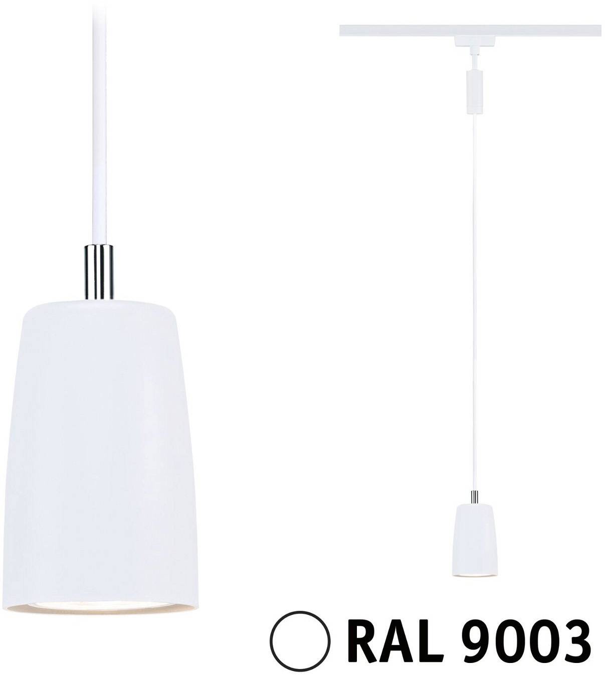 Witte hanglamp met een gladde oppervlakte, hangend aan een kabel. Rechts onderaan staat 'RAL 9003', wat de kleurnummer aangeeft.