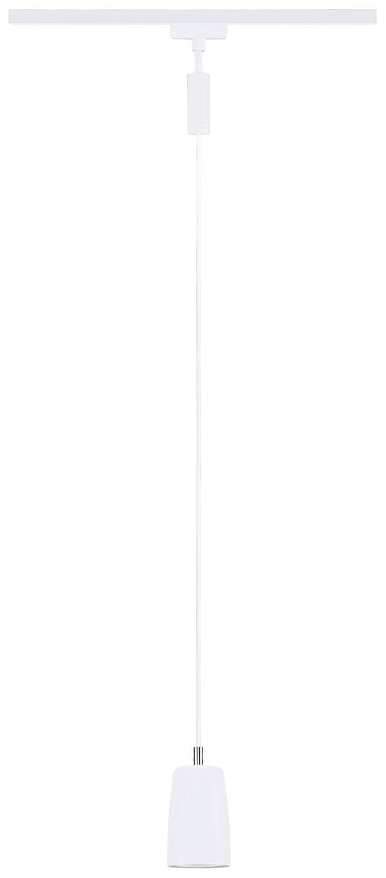 Witte hanglamp met smal snoer en cilindrische lampenkap, minimalistisch en modern ontworpen, voor binnenhuisinrichting.