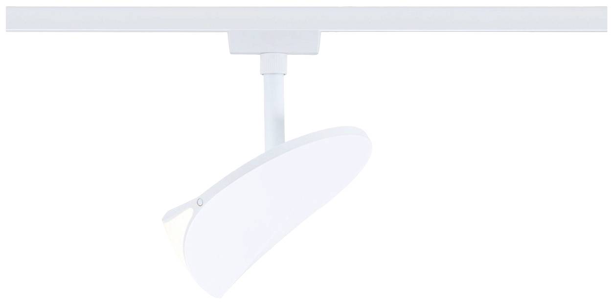 Een modern, wit plafondspotontwerp met draaibare spot, gemonteerd op een rail voor flexibele verlichting.