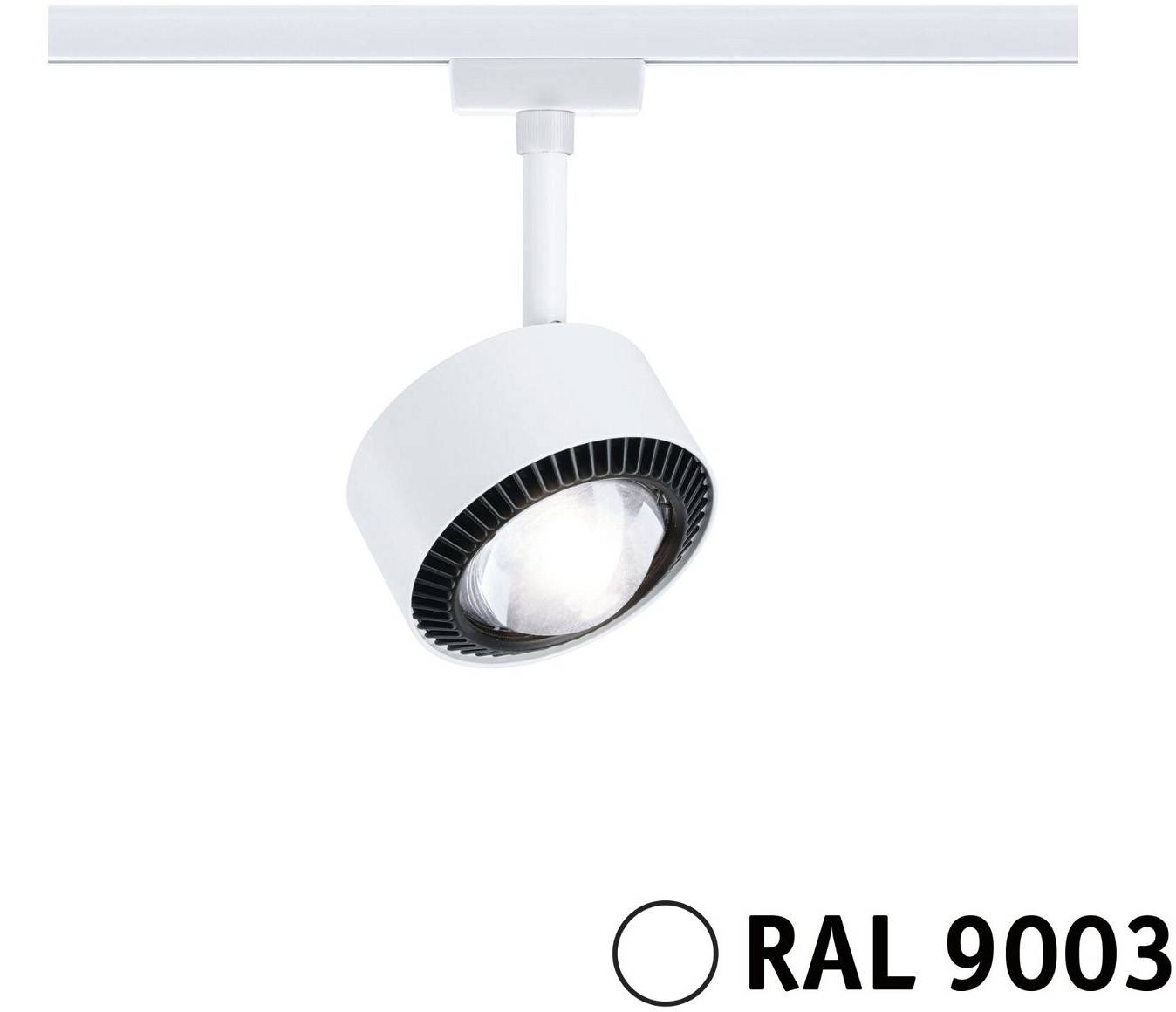Een witte plafondspot met kantelbare kop is gemonteerd op een rail. De tekst 'RAL 9003' verwijst naar de kleurcodering.