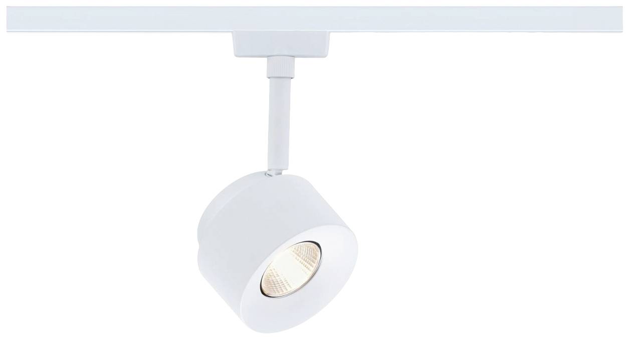 Een enkele, moderne, witte plafondspot met een cilindrische lampenkap, gemonteerd op een rail, schijnt naar beneden.