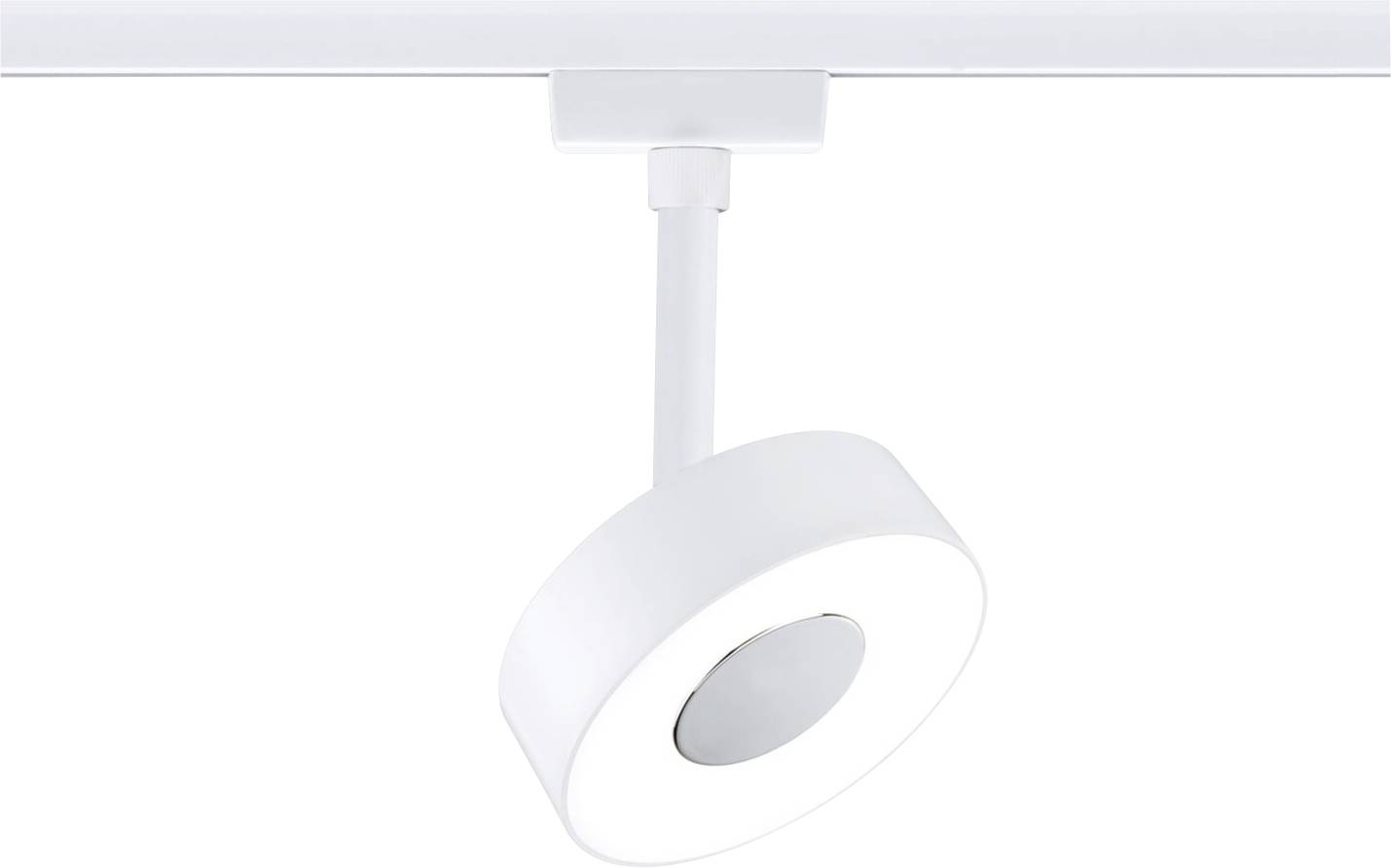 Een ronde, witte plafondspot met een modern design, gemonteerd op een rail.