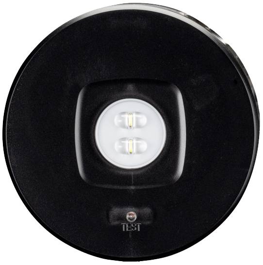 Een ronde LED-schijnwerper met twee zichtbare lichtbronnen in het midden. Het zwarte frame benadrukt de LED's.