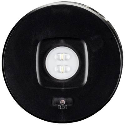Een ronde LED-schijnwerper met twee zichtbare lichtbronnen in het midden. Het zwarte frame benadrukt de LED's.