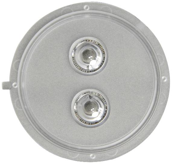 Een rond, zilver voorwerp met twee cirkelvormige lenzen in het midden. Het zou deel kunnen uitmaken van een technisch apparaat.