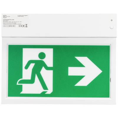 Nooduitgangsbord: Pictogram van een persoon die naar rechts rent, geeft een vluchtrichting aan.