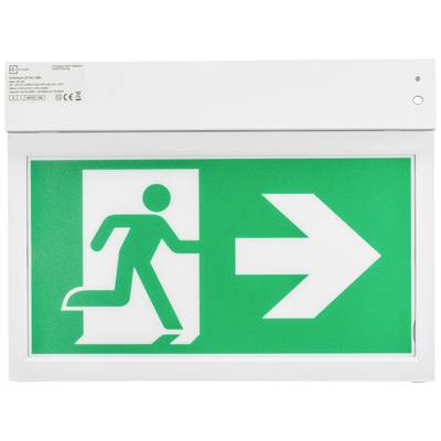 Groen nooduitgangsbord met een figuur die naar rechts rent richting een pijl.