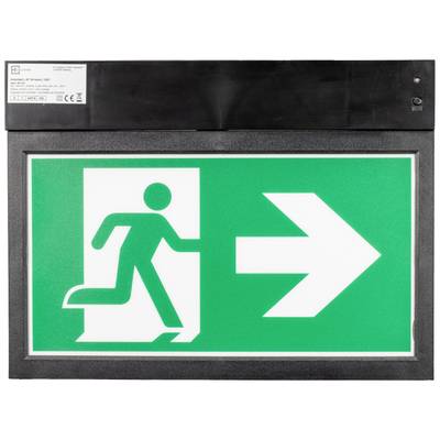 Een groen nooduitgangsbord toont een persoon die naar rechts door een deur rent, met een grote pijl die naar rechts wijst.