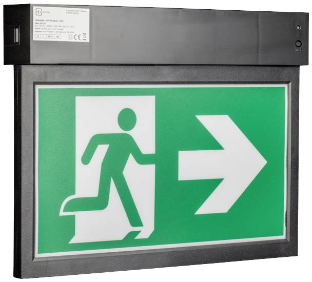 Nooduitgangsbord met een pictogram van een rennende persoon die naar een deur toeloopt, en een pijl naar rechts op een groene achtergrond.