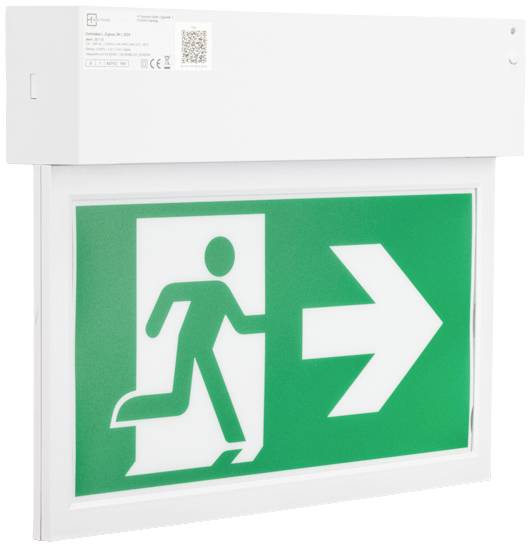 Nooduitgangsbord: Wit pictogram van een rennende persoon met een pijl naar rechts op een groene achtergrond, geeft vluchtrichting aan.