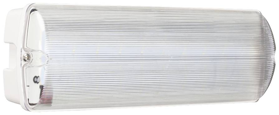 Witte LED-lamp met een transparante, geribde lampenkap. Geschikt voor wandmontage of plafondmontage in binnenruimtes.