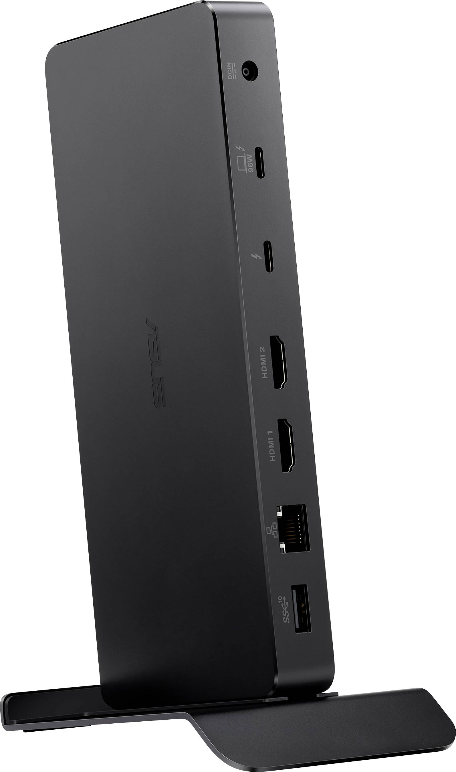 Een zwarte computer-dockingstatation-adapter met meerdere aansluitingen, waaronder HDMI, Ethernet en USB-poorten, in verticale opstelling.