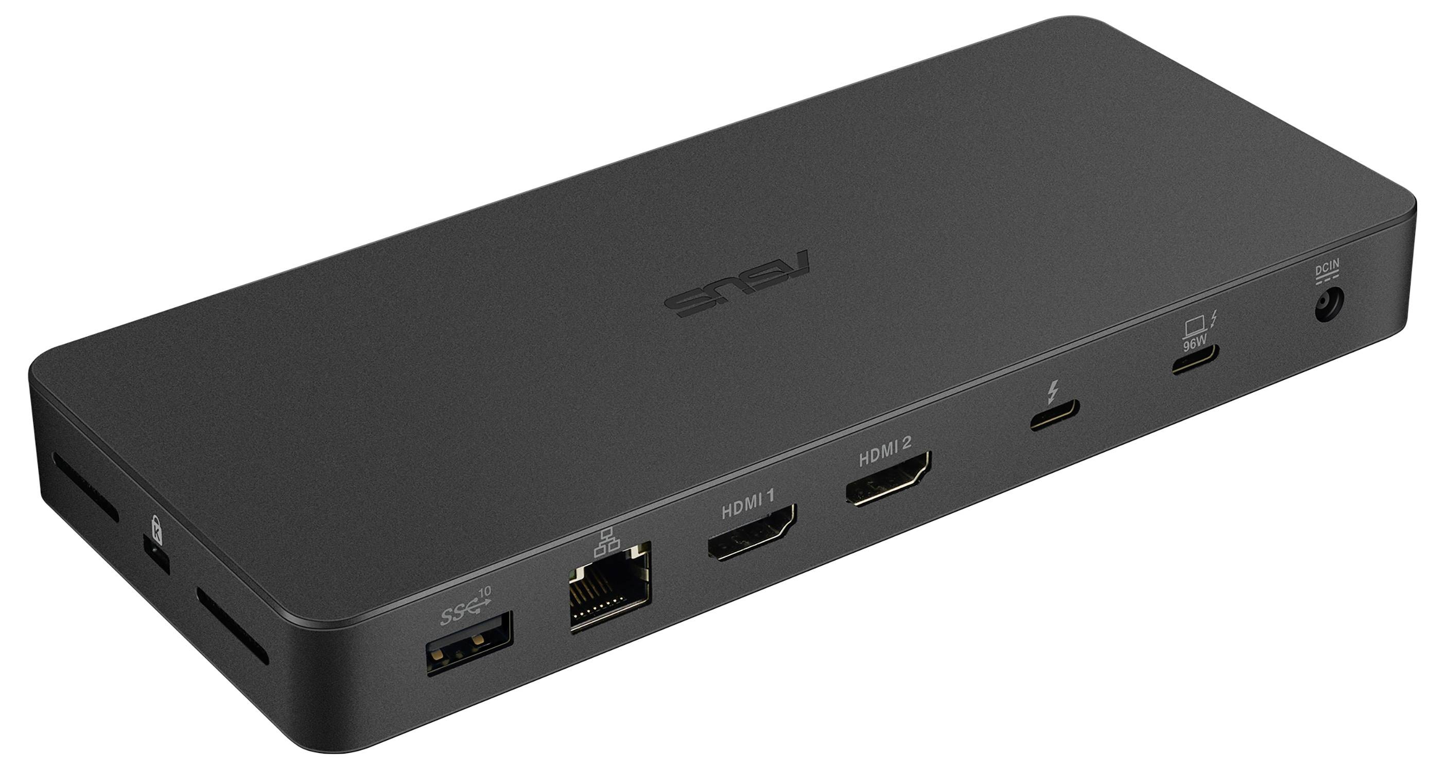 Een zwarte laptopdockingstation met meerdere aansluitingen, waaronder USB, HDMI en Ethernet, voor het uitbreiden van de connectiviteit.