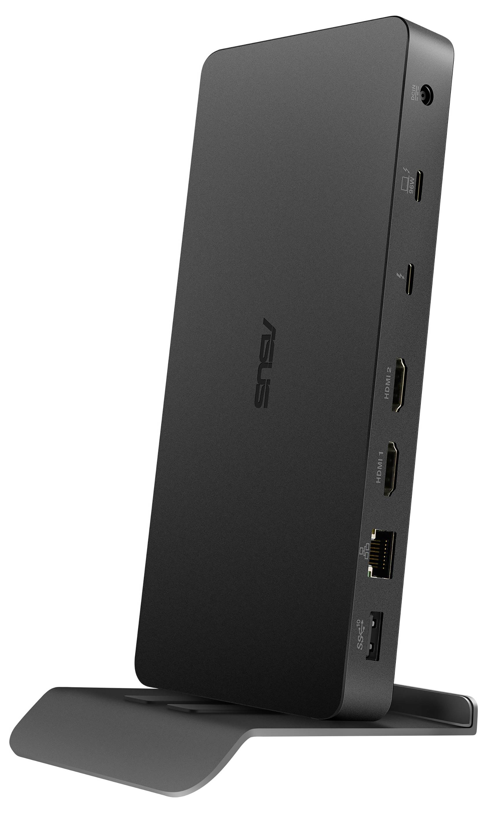 'Zwarte ASUS-dockingstation met meerdere aansluitingen, waaronder USB, Ethernet en HDMI, staand op een standaard.'