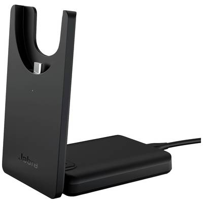 Doksysteem van zwart kunststof met USB-C-aansluiting en kabel. Ontworpen voor draadloos opladen van apparaten.