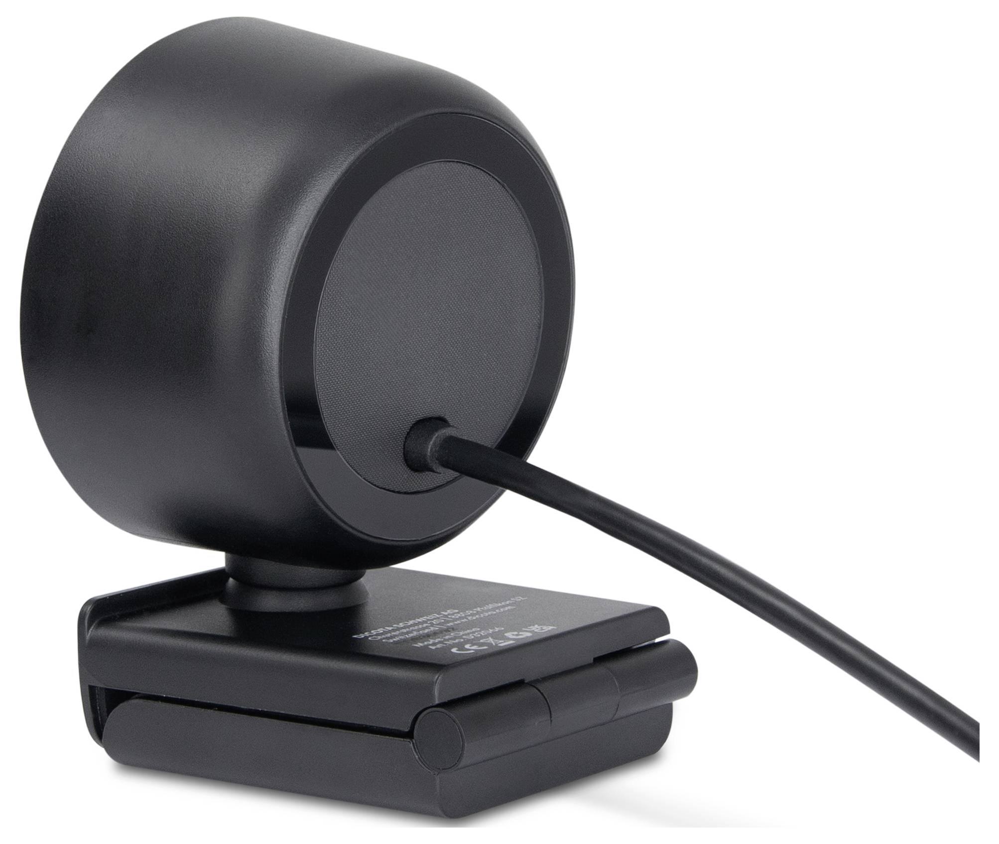 Een zwarte webcam met een dun kabel dat naar de achterkant loopt. De webcam heeft een stabiele voet voor op het bureau.