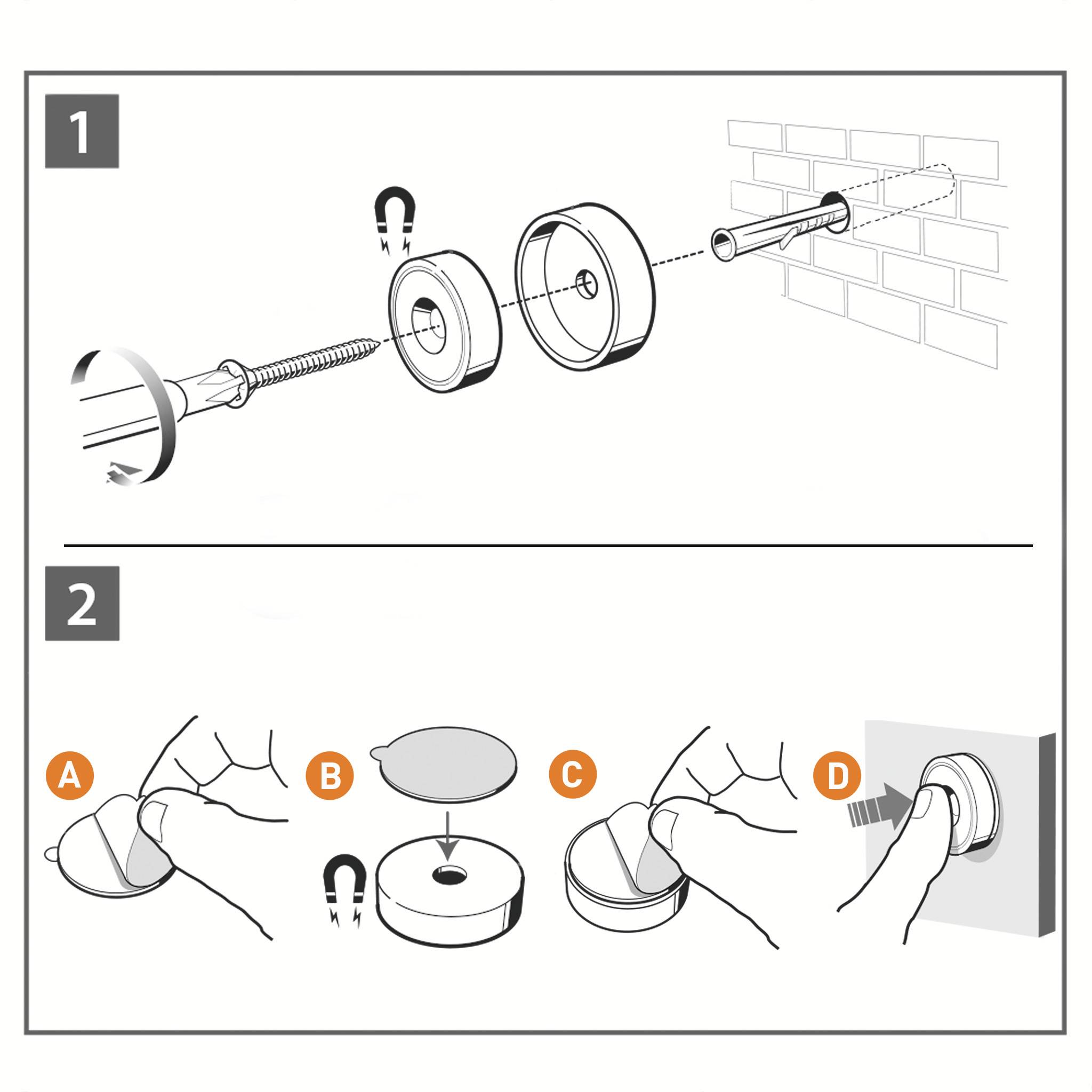 Instructie voor wandmontage: 1. Bevestig de schroefhouder met een magneet. 2. Breng de metalen ring over de schroef aan en klik deze vast.