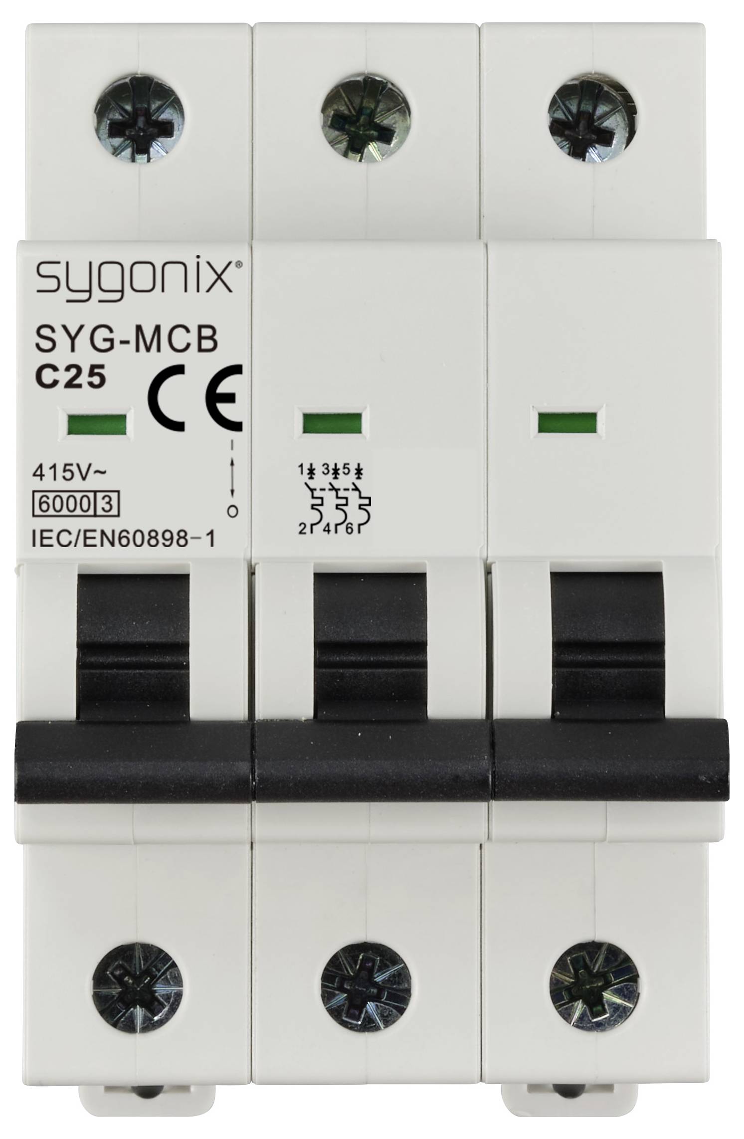 Een driepolige installatieautomaat van het merk Sygonix 'SYG-MCB C25' met een nominale spanning van 415V en een nominale stroomsterkte van 25A.