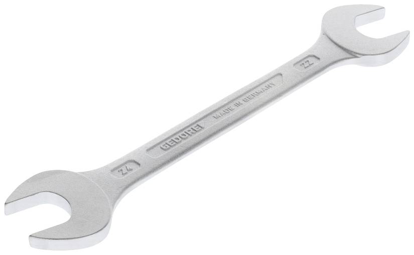 Een zilveren steeksleutel met maten van 22 mm en 24 mm, vervaardigd in Duitsland, ligt schuin op een witte achtergrond.