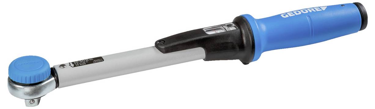 Een blauwe en zwarte momentsleutel met een zilver verstelbare steel en een afleesschaal. Het handvat toont de merknaam 'Gedore'.