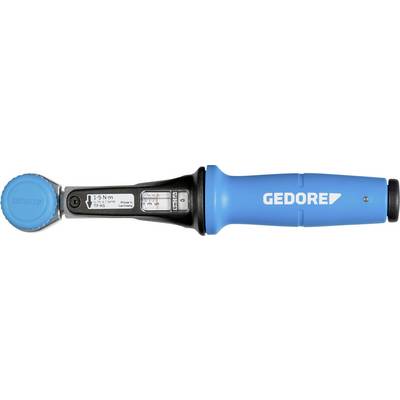 Een momentsleutel met een blauwe handgreep, gelabeld 'GEDORE', met meetindicatoren op zijn zwarte lichaam voor nauwkeurige afstellingen.