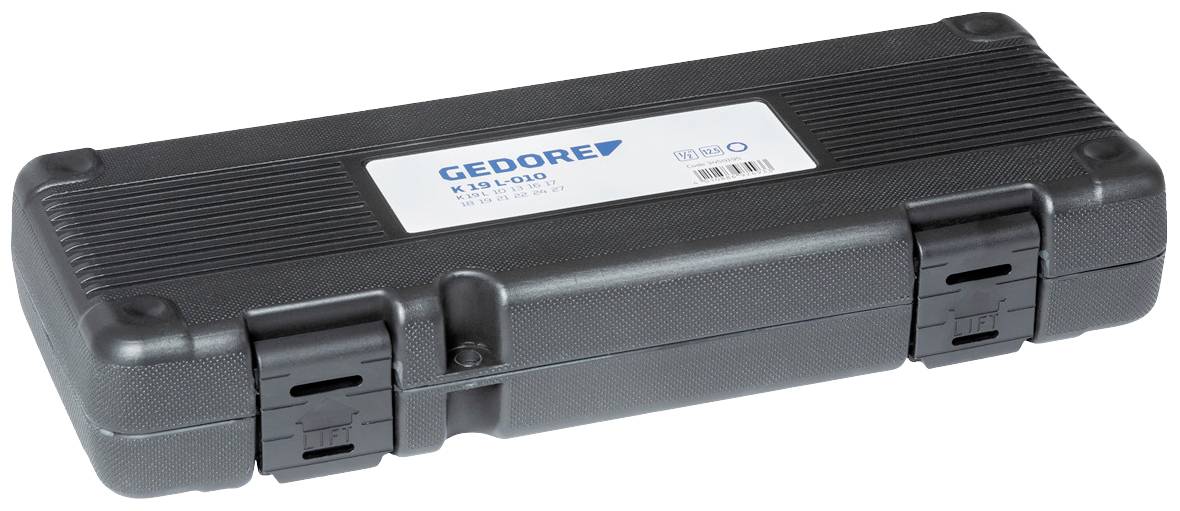 Zwarte gereedschapskoffer met Gedore-logo op het etiket. Slank, rechthoekig ontwerp met twee sluitingen aan de voorkant.