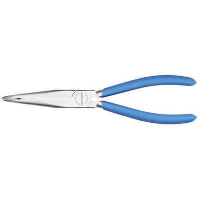 Een punttang met blauwe handgrepen ligt op een witte achtergrond. Hij is geschikt voor het grijpen en buigen van draad.